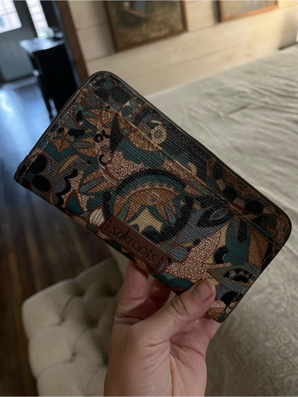 Sakroots Teal and Brown Floral Zip Wallet